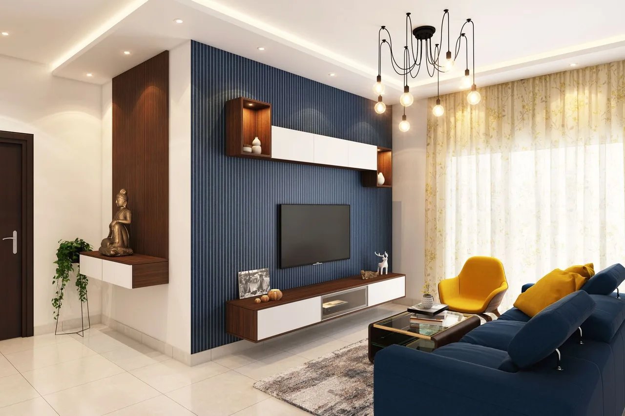 Gizli ışıklı asma tavan ve lacivert çıtalı duvarı olan bir salon